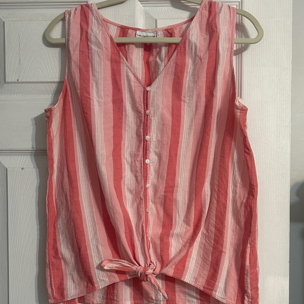 Liz Claiborne Coral Tie-Front Sleeveless Blouse Women’s Large 100% Cotton
